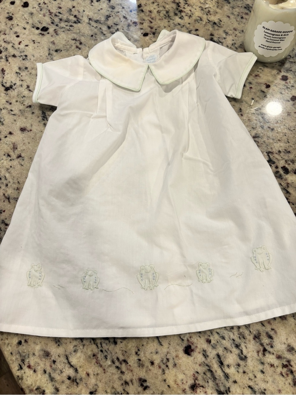 Auraluz White Baby Dress with Mint Piping Collar